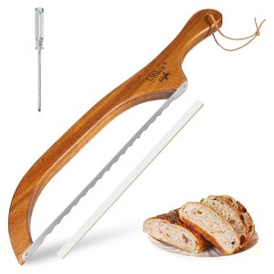 Image of a Wooden Bread Bow Knife, 16" Serrated Sourdough Cutter, Premium Stainless Steel Serrated Saw Bread Cutter, Bagel Slicer Knife for Homemade Bread, Bagels, Baguettes and More, Sourdough knife